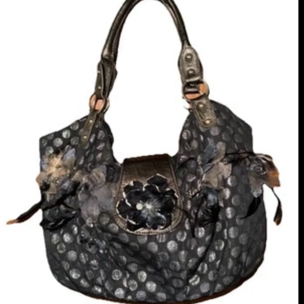 Hananel Black Floral Applique Hobo Shoulder Bag - Women